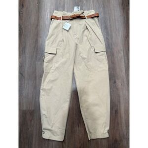 ZARA High Waisted Pleated Cargo Pants Tan Belted Paperbag Waist Size S